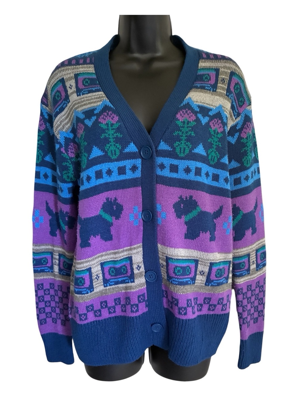 Stranger Things Patterned V-Neck Grandpa Cardigan Sweater Blue & Purple Sz XXS